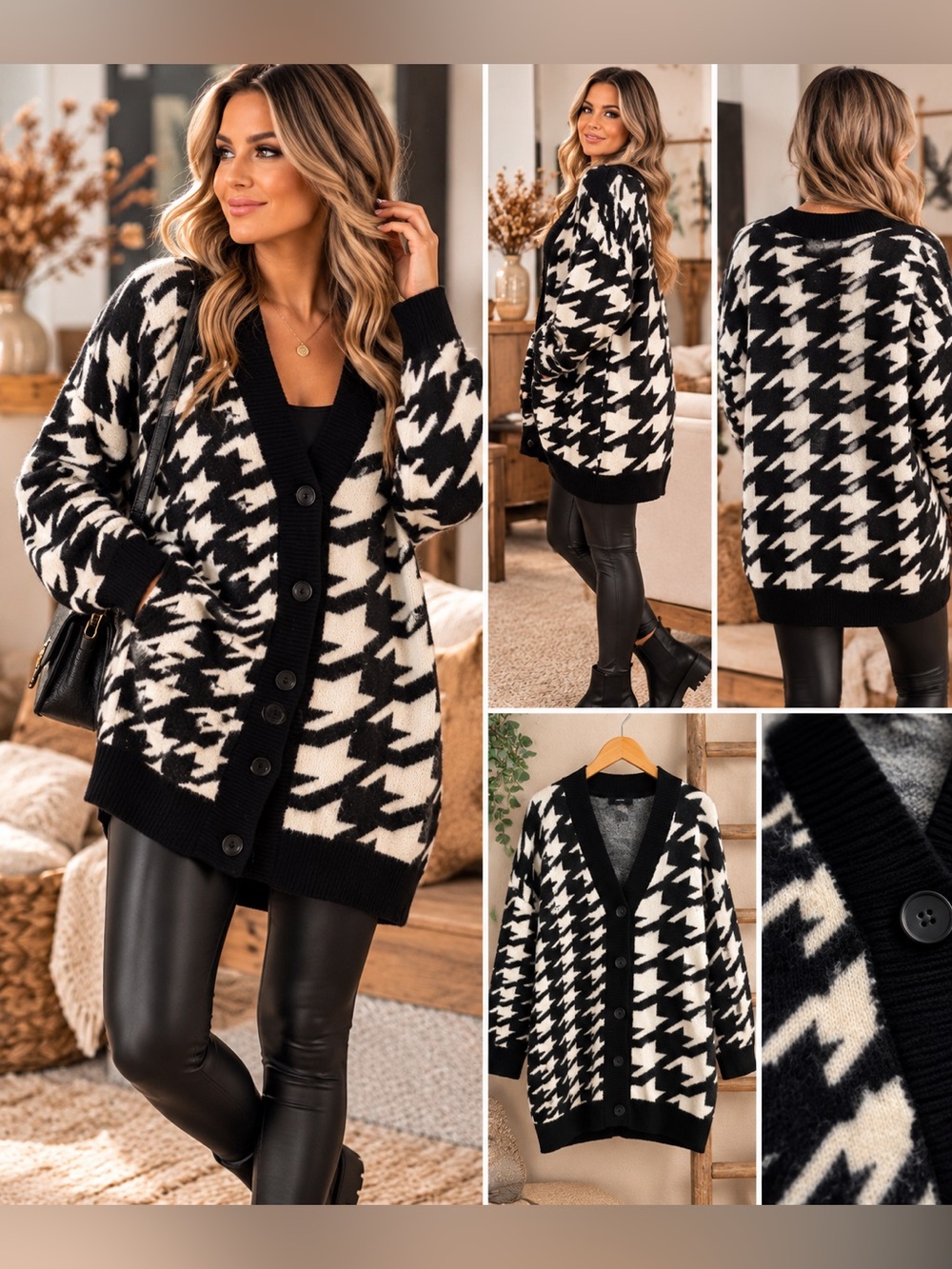 Vero Moda Black & White Houndstooth Knit Button Cardigan